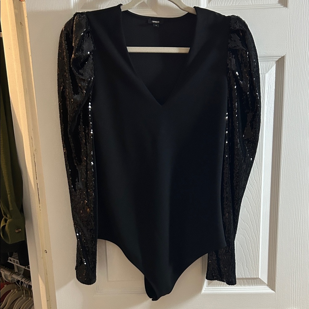 Express Black Sequin Sleeve Bodysuit